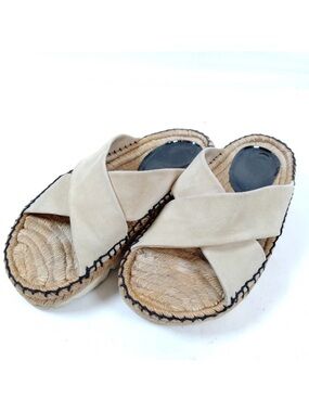 Jimmy Choo Cream Leather Crisscross Espadrille Slide Sandals Flat👝